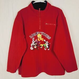 Vintage Warner Brothers Looney Tunes red embroidered quarter zip fleece Large